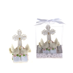 Mega Favors - Pair of Doves on Book with Cross Poly Resin in Gift Box - White