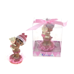 Mega Favors - Ethnic Baby Holding Teddy Bear Poly Resin in Gift Box - Pink
