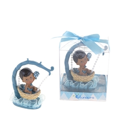 Mega Favors - Ethnic Baby Sitting in Hanging Basket Poly Resin in Gift Box - Blue
