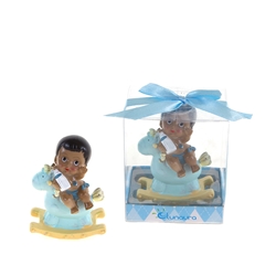 Mega Favors - Ethnic Baby Sitting on Rocking Horse Poly Resin in Gift Box - Blue