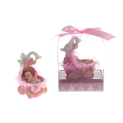 Mega Favors - Baby in Baby Carriage with Stork Poly Resin in Gift Box - Pink
