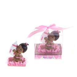 Mega Favors - Ethnic Baby Sitting on Pillow Holding Bottle Poly Resin in Gift Box - Pink