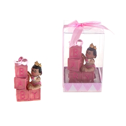 Mega Favors - Ethnic Baby Sitting on Blocks with Crown Poly Resin in Gift Box - Pink