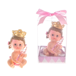 Mega Favors - Baby Wearing Crown Holding Bottle Poly Resin in Gift Box - Pink