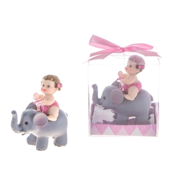 Mega Favors - Baby Sitting on Elephant Holding Pacifier Poly Resin in Gift Box - Pink