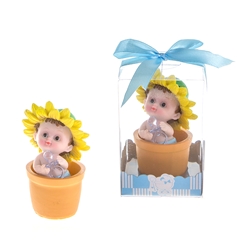 Mega Favors - Baby Sitting in Flower Pot with Pacifier Poly Resin in Gift Box - Blue