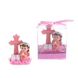 Mega Favors - Baby Angel Praying Next to Cross Poly Resin in Gift Box - Pink