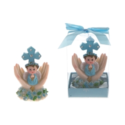 Mega Favors - Baby Praying on Palm with Roses Poly Resin in Gift Box - Blue