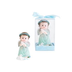 Mega Favors - Baby Angel Holding Baby Lamb Poly Resin in Gift Box - Blue