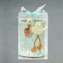 Mega Favors - Stork Carrying Baby Poly Resin Cup Holder in Clear Box - Blue