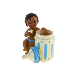 Mega Favors - Ethnic Baby Sitting Next to Baby Bottle Poly Resin - Blue