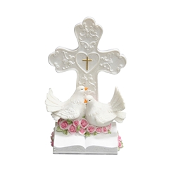 Mega Favors - 9" Pair of Doves on Book with Cross - White