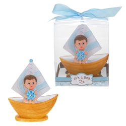 Mega Favors - Baby Sitting in Sail Boat Poly Resin in Gift Box - Blue