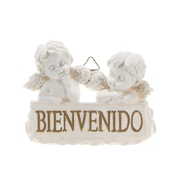 Mega Favors - Two Baby Angels with (Spanish) Welcome Sign Wall Plaque - White