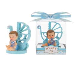 Mega Favors -Baby Sitting with Baby Carriage Poly Resin in Gift Box - Blue