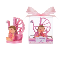 Mega Favors - Baby Sitting with Baby Carriage Poly Resin in Gift Box - Pink