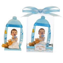 Mega Favors - Baby Sitting Under Bottle Picture Frame Poly Resin in Gift Box - Blue