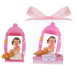 Mega Favors - Baby Sitting Under Bottle Picture Frame Poly Resin in Gift Box - Pink