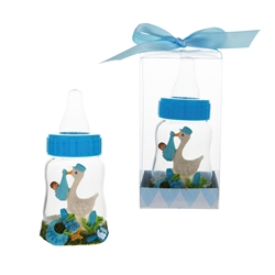 Mega Favors - Stork Carrying Baby on Baby Bottle Poly Resin in Gift Box - Blue