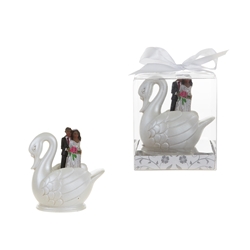 Mega Favors - Ethnic Wedding Couple Standing in Swan Poly Resin in Gift Box