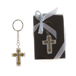 Mega Favors - Religious Cross Poly Resin Key Chain in Gift Box - Gold