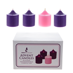 Mega Candles - 4 pcs 3" x 3" Unscented Advent Dome Top Pillar Candle - Asst