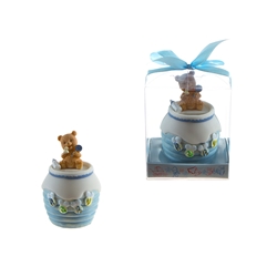 Mega Favors - Teddy Bear on Honey Jar Bank Poly Resin in Gift Box - Blue