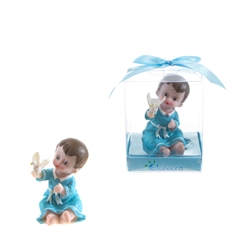 Mega Favors - Baby Toddler in Robe Holding Dove Poly Resin in Gift Box - Blue