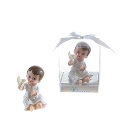 Mega Favors - Baby Toddler in White Robe Holding Dove Poly Resin in Gift Box - Blue