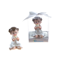 Mega Favors - Baby Toddler in White Robe Holding Dove Poly Resin in Gift Box - Pink
