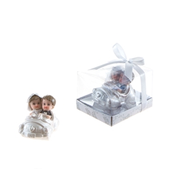 Mega Favors - Baby Wedding Couple in a Car Poly Resin in Gift Box - White