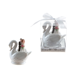 Mega Favors - Wedding Couple Standing in Swan Poly Resin in Gift Box