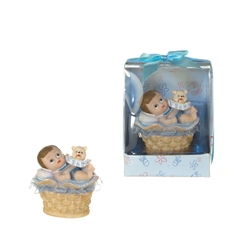 Mega Favors - Baby Sleeping in Basket Poly Resin in Designer Box - Blue