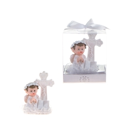 Mega Favors - Baby Angel Praying in White with Cross Poly Resin in Gift Box - Blue