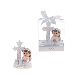 Mega Favors - Baby Angel Praying in White with Cross Poly Resin in Gift Box - Pink
