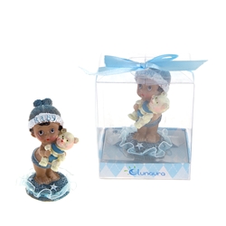 Mega Favors - Ethnic Baby Holding Teddy Bear Poly Resin in Gift Box - Blue