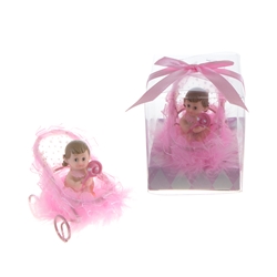 Mega Favors - Baby SItting in Frame Stroller Poly Resin in Gift Box - Pink