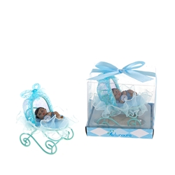 Mega Favors - Ethnic Baby Laying in Baby Frame Carriage Poly Resin in Gift Box - Blue