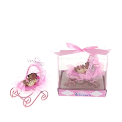 Mega Favors - Ethnic Baby Laying in Baby Frame Carriage Poly Resin in Gift Box - Pink