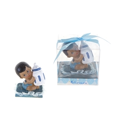 Mega Favors - Ethnic Baby Sitting on Pillow Holding Bottle Poly Resin in Gift Box - Blue