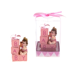 Mega Favors - Baby Sitting on Blocks with Crown Poly Resin in Gift Box - Pink