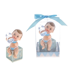 Mega Favors - Baby Sitting on Box with Bottle Poly Resin in Gift Box - Blue