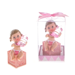 Mega Favors - Baby Sitting on Box with Bottle Poly Resin in Gift Box - Pink