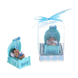 Mega Favors - Ethnic Baby Looking at Pacifier in Bassinet Poly Resin in Gift Box - Blue