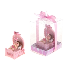 Mega Favors - Baby Looking at Pacifier in Bassinet Poly Resin in Gift Box - Pink