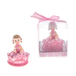 Mega Favors - Baby Sitting on Top of Crown Poly Resin in Gift Box - Pink