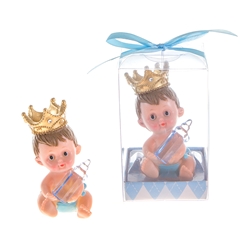 Mega Favors - Baby Wearing Crown Holding Bottle Poly Resin in Gift Box - Blue