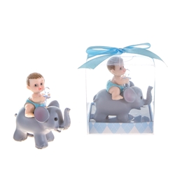 Mega Favors - Baby Sitting on Elephant Holding Pacifier Poly Resin in Gift Box - Blue