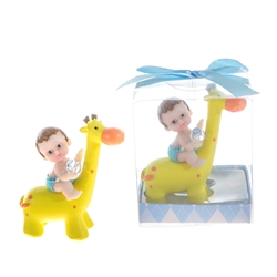 Mega Favors - Baby Sitting on Giraffe Holding Pacifier Poly Resin in Gift Box - Blue