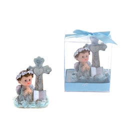 Mega Favors - Baby Angel Praying Next to Cross Poly Resin in Gift Box - Blue